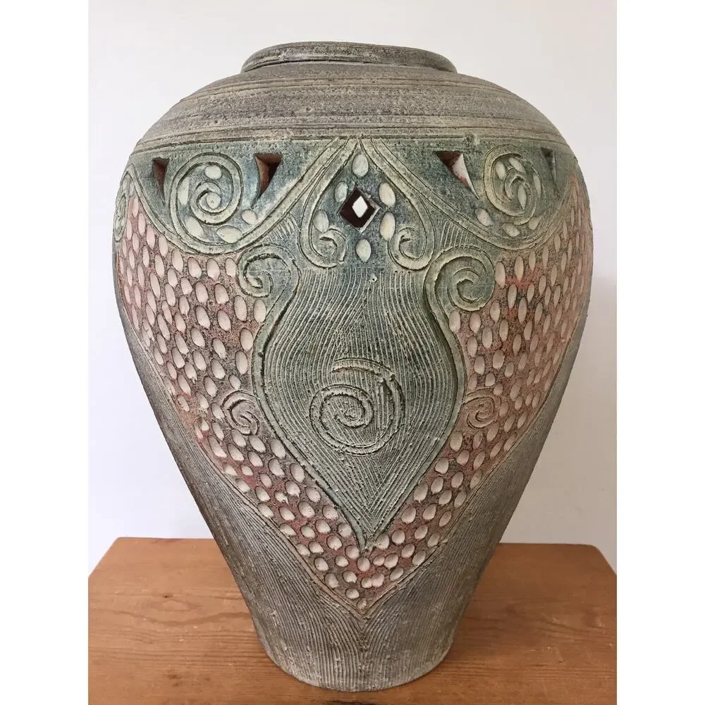 Vtg Studio Art Pottery Matte Earthenware Grecian Style Flower Floor Vase Urn 16
